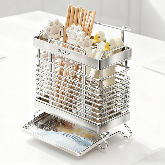 Teeyoo 주방 SUS304스텐 자동 물빠짐 수저통 수저꽂이 2구, 1개, 실버