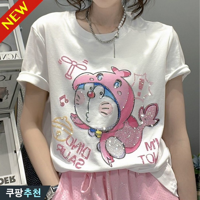 (완전 편한) 100kg까지 빅사이즈 여성 큐빅 빤짝이 귀여운 반팔 티셔츠 여름 편한 캐주얼 얇은 시원한 데일리 루즈핏 프린트 패션 기본티 심플 입체 3xl 4xl 화이트 티