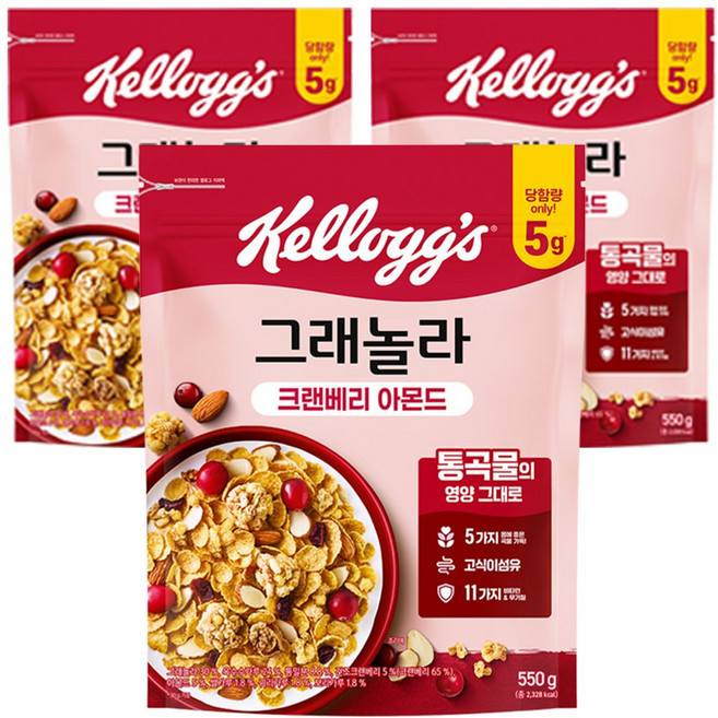 켈로그 크랜베리 아몬드 그래놀라 시리얼, 550g, 3개