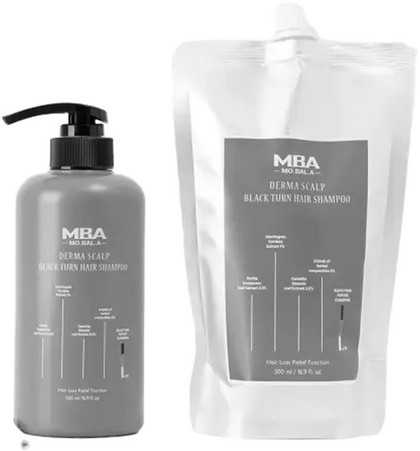 리필세트 MBA 탈모완화 새치개선 두피영양 탈모케어 모발아 더마 블랙턴 앤 프로틴 헤어 샴푸 500ml + 리필 500ml 세트, 1개
