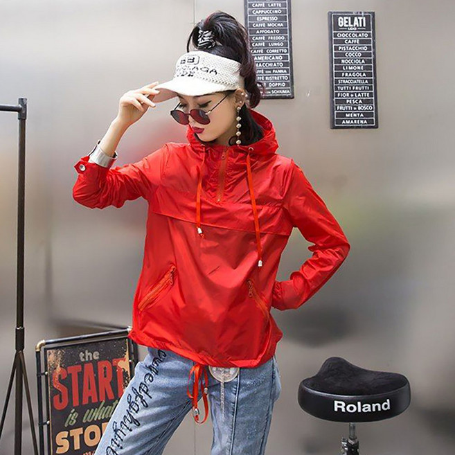 ROYALBELLE 여성 단색 반집업 재킷 자외선 차단 루즈핏 얇은 후드 점퍼 K071812