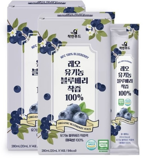 [1+1] 착한푸드 레오 유기농 블루베리착즙 100%, 280g, 2개
