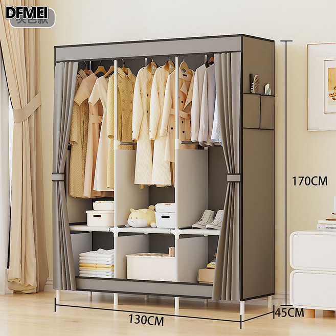 DFMEI 加固簡易衣櫃收納衣櫥防塵衣櫃宿舍鋼架組合簡約現代櫃子工廠, C款灰色(整箱起):如圖