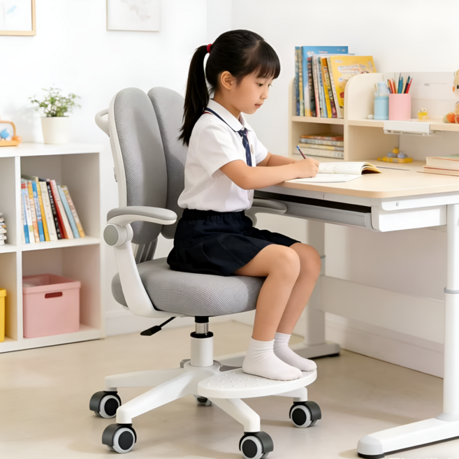 홈잼 인체공학 높이조절 학생 의자 등받이 자세교정 초등학생 중학생 책상의자 발받침 회전의자, 브라운베이지