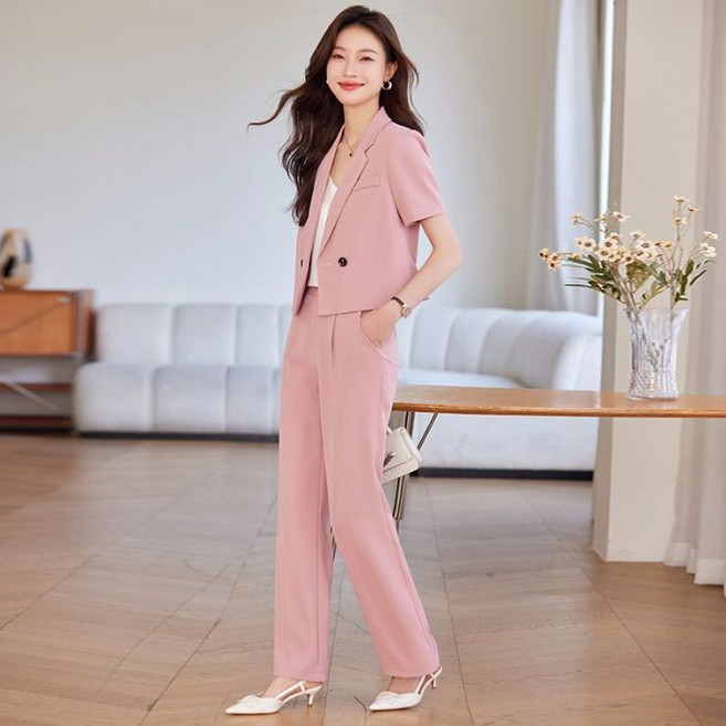 여성 정장 긴바지 투피스 여름 얇은 카라넥 반팔 정장 자켓 + 롱 팬츠 여자 캐주얼 세트 LT