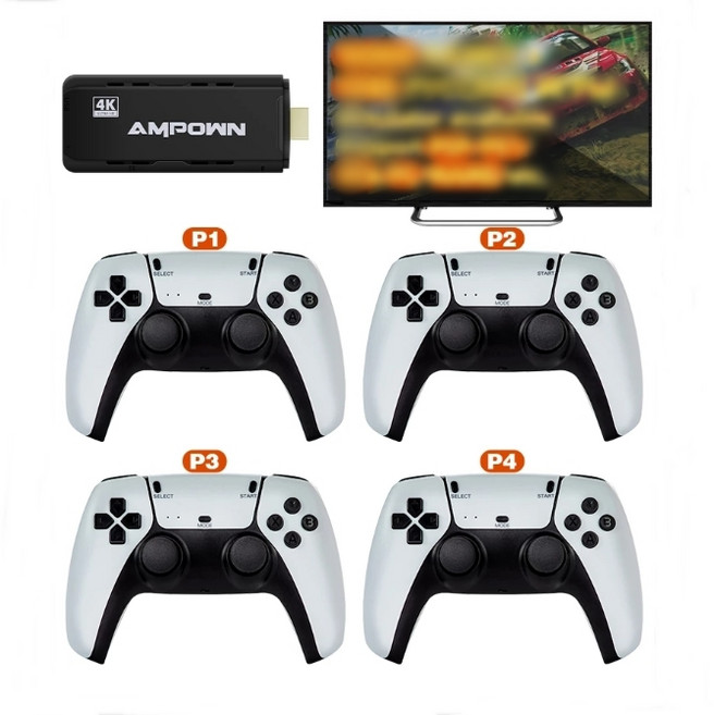 4K AMPOWN 가정용 레트로 게임기 10000가지 고전게임 탑재 최대 4인 플레이 고퀄리티 컨트롤러, 4개 컨트롤러 버전