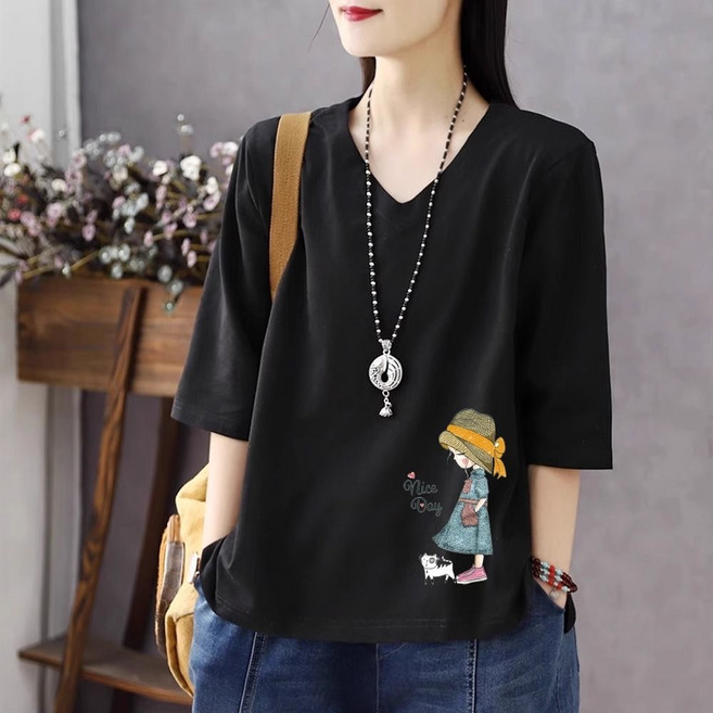 COSYEVNO 중년 여성 여름 빅사이즈 패션 루즈핏 브이넥 프린트 7부 소매 상의 엄마옷