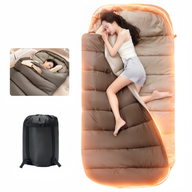 캠핑 침낭 사계절 공용 초대형공간 휴대용 방수 야외 압축 침낭 겨울 이불 230*100cm 2.2kg + 수납가방, 1개, 갈색