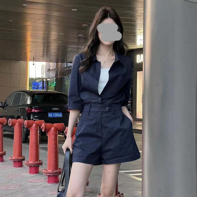 復古港式氣質休閒連身褲 夏季收腰顯瘦百搭短褲