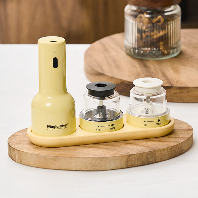 매직쉐프 전동그라인더 소금 후추 2in1(본체+팟2P+트레이) 스텐버터옐로우, 1개