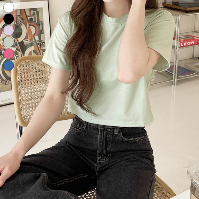 바비팩토리 여성용 반팔 무지 크롭 티셔츠 반팔티 기본티 짧은티 배꼽티 기본티 크롭티 반팔 크롭