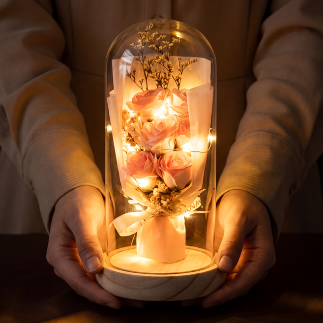 로렌드 기념일 선물 유리돔 꽃다발 + 예쁜 미니카드, 핑크