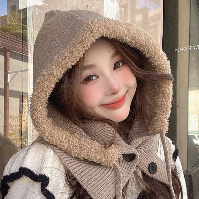 양놀 후드 모자 넥워머 뽀글이 니트 바라클라바, 베이지, 1개