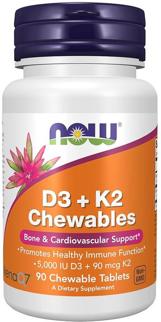 나우푸드 Now 보충제 비타민 D3 및 K2 5 000 IU/90mcg 심혈관 지원* 뼈 건강 츄어블 태블릿 90정, 나우푸드 Now 보충제, 비타민 D3 및 K2, 5,0, 1개