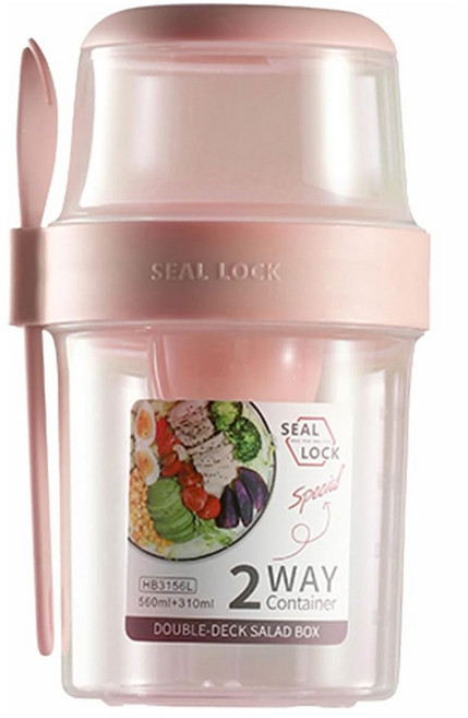 씰락 휴대용 이중 샐러드 컵 스푼 포함 일반도시락, 1개, 310ml + 560ml 핑크