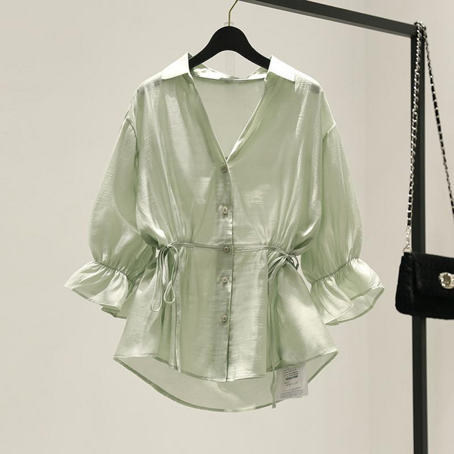 2022 년 새로운 한국 버전 V 넥 허리 스커트 셔츠 여름 연령 감소 쉬폰 느슨한 플랍 탑 인형 셔츠