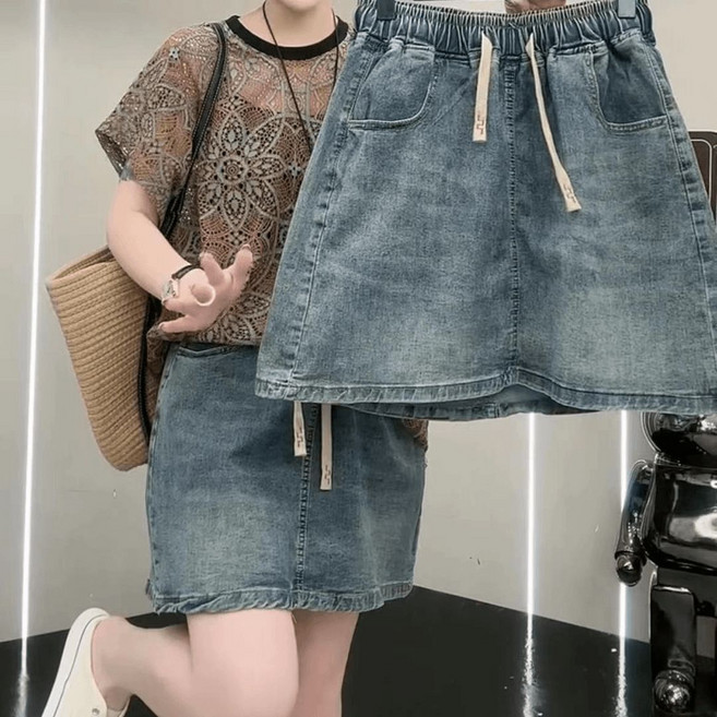 여성 데님 스커트 캐주얼 봄 여름 밴딩 치마 슬림핏 하이웨이스트 A라인 빈티지 미니 청치마 LPC