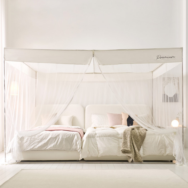 알뜨리 사각 모기장 세트 침대 캐노피 모기장텐트 특대형 모기장텐트 원터치 접이식 패밀리 실내 모기 방충망, 마시멜로(white) set