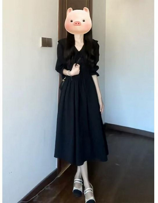 女款長洋裝 黑色 V領 長袖 法式 休閒 約會穿搭, 黑色-高品質,M-高品質