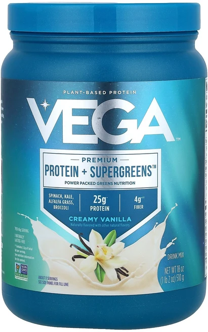Vega Premium Protein + Supergreens™ Creamy Vanilla 1 lb 2 oz 510 g, Vega, Premium, Protein + Super, 510g - 쿠팡