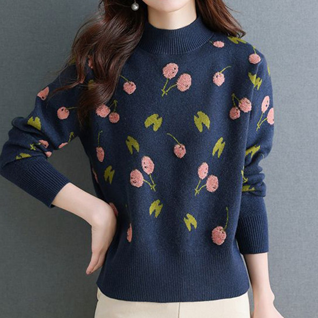TKX 여성 가을 겨울 반폴라 니트 긴팔 꽃무늬 스웨터 여성스러운 패션 상의 베이직 스타일 KS39