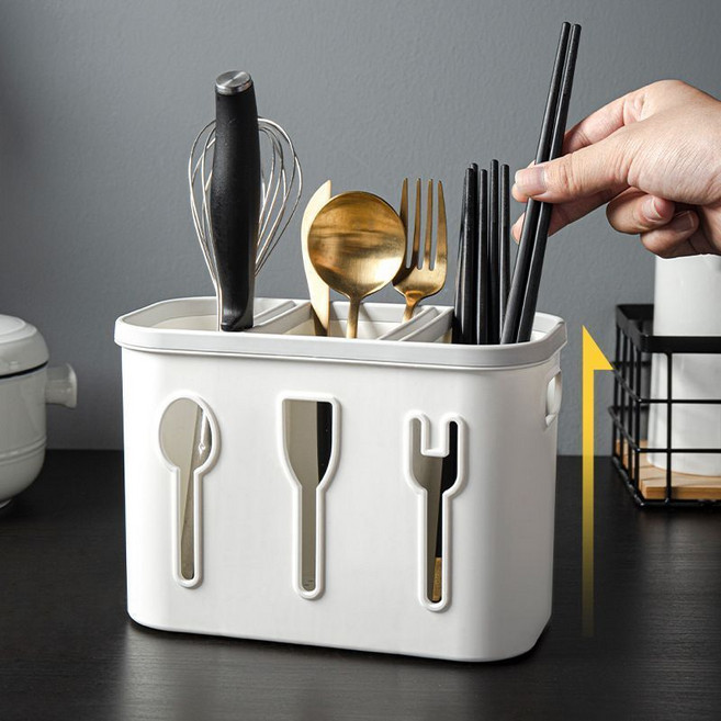 吸盤筷子收納盒 廚房家用瀝水筷籠, 1個, 米白色/中號三格 筷子籠