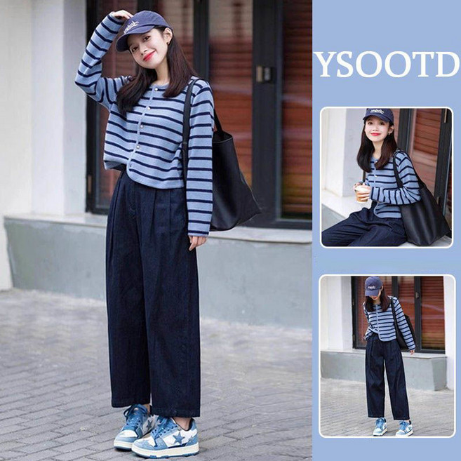 POMTOR 여성용 봄 가을 스트라이프 니트 + 와이드바지 투피스 세트