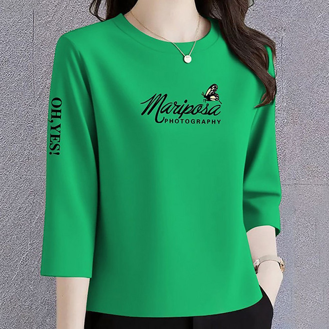 ROYALBELLE 여성 라운드 7부소매 나비레터링 프린트 순면 얇은 루즈핏 캐주얼 티셔츠 V01020211