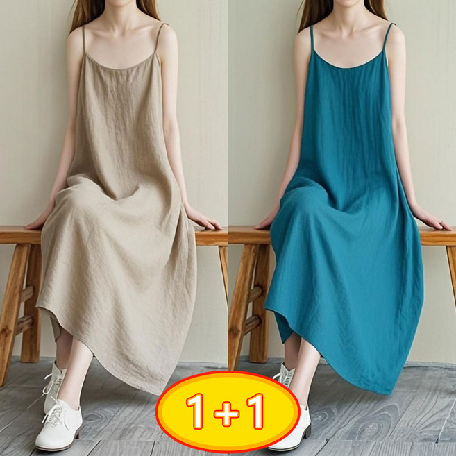ORZQU 1+1 여름 여성 데일리 솔리드 나시 원피스 민소매 롱 스커트