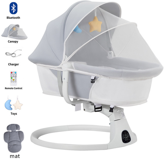 跨境嬰兒躺睡神器多功能電動搖籃搖牀新生兒哄娃寶寶平躺搖牀睡籃, 豪華款太空灰【U型枕頭+頂棚+蚊帳+玩偶+可插U盤+遙控+藍