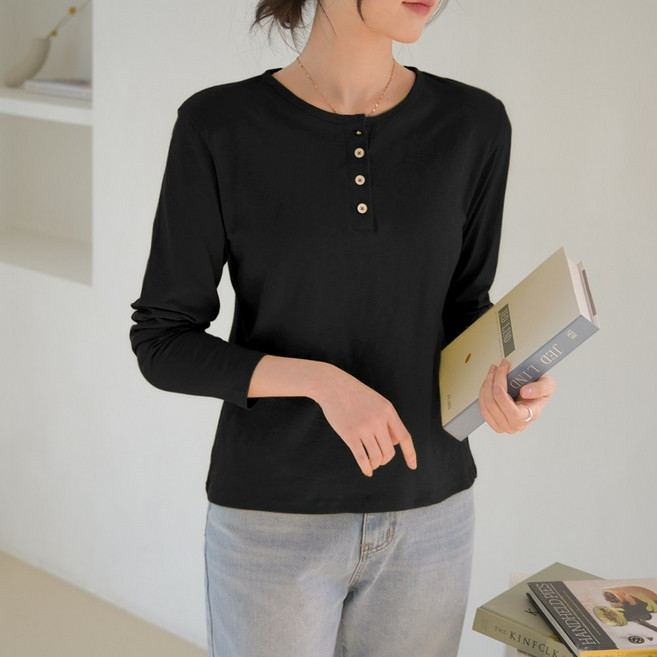 데일리앤 피크 여성 무지 코튼 이너 슬라브 버튼 헨리넥 긴팔 티셔츠 봄 가을