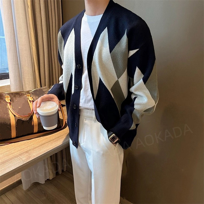 AOKADA 남성 봄 가을 루즈핏 브이넥 아가일 트렌디 니트 가디건