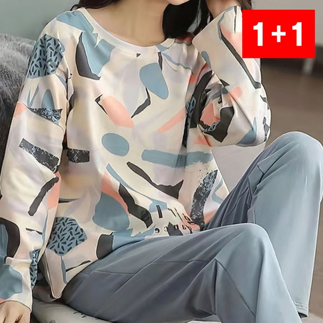 잠옷 여성 긴팔 꽃무늬 면 홈웨어 라운드넥 상하 세트 수면