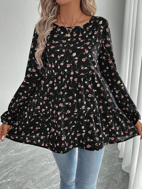 女士圓領長袖碎花襯衫上衣