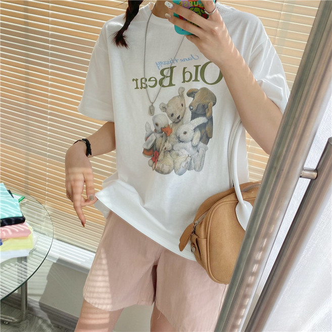 그녀패션 여성 머펫 토끼 만화 프린팅 라운드 반팔 티셔츠 오버핏 여름