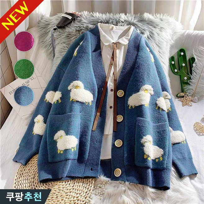 (완전 편한) 날씬해보이는 여성 귀여운 캐릭터 자수 니트 가디건 봄 빅사이즈 브이넥 레드 블루 보송 루즈핏 캐주얼 코디 이쁜곳 스웨터 간절기 단추 자켓 코트 카디건 77