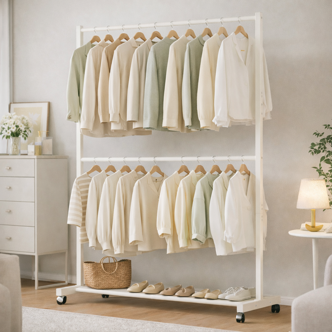 헤븐하임 이동식 2단 철제 스탠드 행거, 올화이트