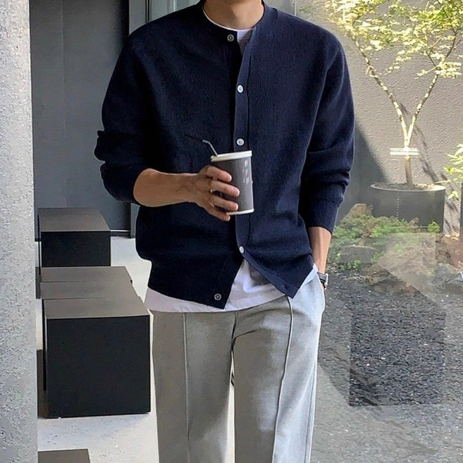 봄 가을 남자 가디건 빈티지 심플 라운드 남성 무지 니트 코트 캐주얼 남성용 니트 카디건 아우터 LZH