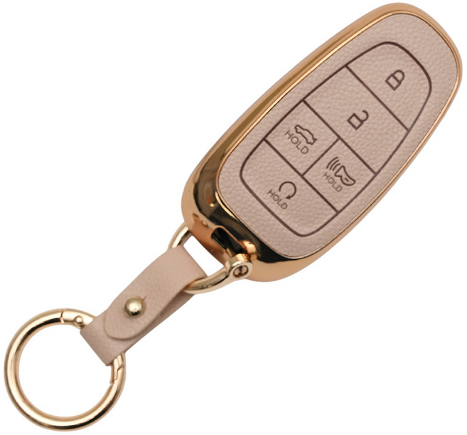 현대 소나타DN8 넥쏘 그랜저 호환 TPU 프리미엄 가죽 자동차 스마트 키 케이스 키홀더, 5버튼TL27, 아이보리