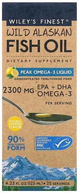 Wileys Finest 야생 알래스카 피쉬 오일 피크 오메가3 액상 제제 천연 레몬 맛 2150mg 125ml(4.23floz) rTG 알티지오메가, 1개 - 쿠팡