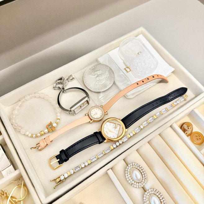 악세사리 트레이 화장대 서랍 정리 보관함 간편 벨벳 베이지, 한칸