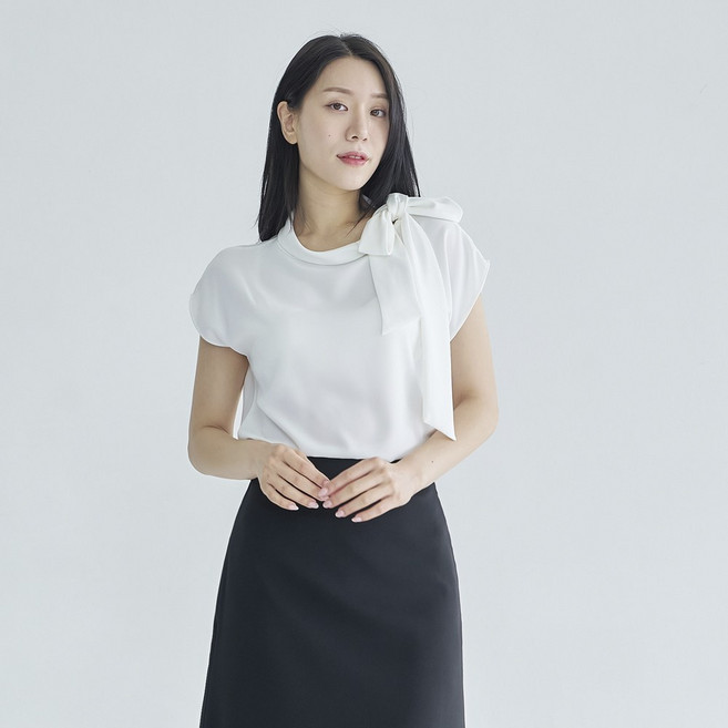 더웨이나인 리본 타이 정장 블라우스 반팔 면접 승무원 루에르