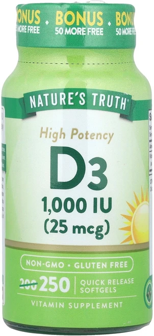 Nature's Truth 고효능 비타민D3 25mcg(1 000IU) 빠른 방출 소프트젤 250정 Truth (네이처스 트루스), Nature's Truth, 고효능 비타민D3, 25m, 1개 - 쿠팡