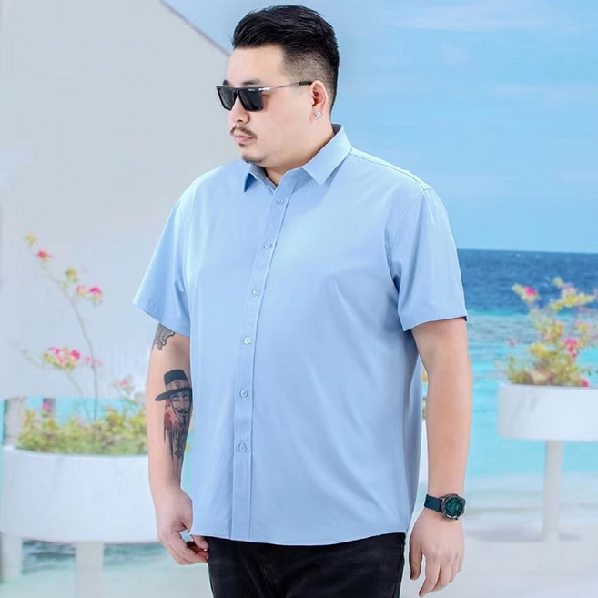 夏季純色短袖襯衫 男式商務休閒 薄款透氣 加肥加大碼 2XL-8XL