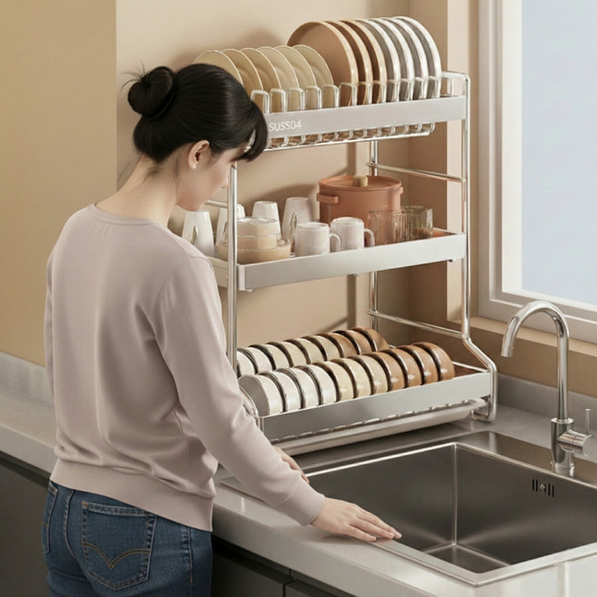 생활콕 프리미엄 올스테인리스304 식기 건조대, 1세트, 딥그레이, 3단