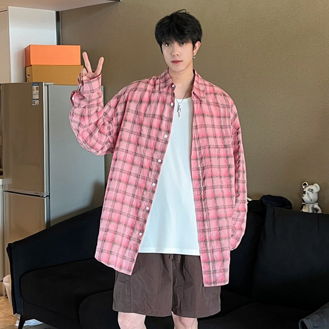 【復古巴洛克】男士襯衫 長袖襯衫 格子襯衫 防曬襯衫 薄款襯衫 外套式襯衫 粉色格子 高級感vintage 春秋季穿搭