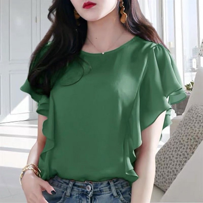 루스리더 여성 프릴 쉬폰 반팔 블라우스 M186