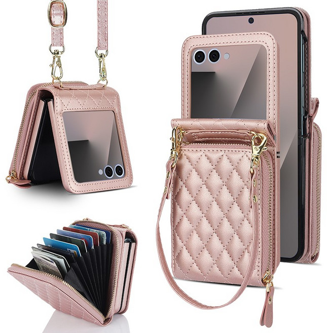 헤미션 갤럭시 Z플립7/6/5 가죽 카드수납 지갑 스트랩 힌지보호 케이스