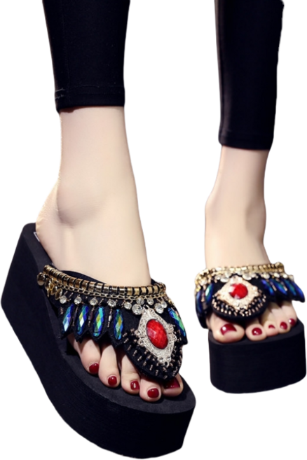 여성 화려한 빈티지 큐빅 통굽 슬리퍼 굽높은 키높이 3cm 6cm 8cm 편안한 샌들