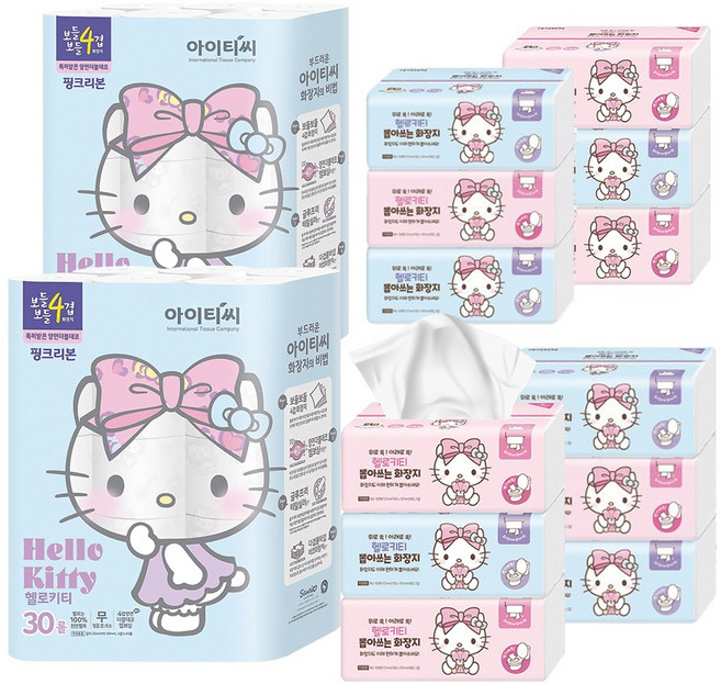 헬로키티 4겹 핑크리본 화장지 30롤X2팩+뽑아쓰는화장지 3입X4팩 풀고뽑고 세트, 1세트
